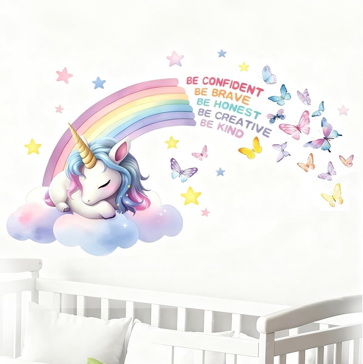 Muursticker kinderkamer meisjes, muursticker eenhoorn bloemen, muursticker kinderkamer meisjes, wanddecoratie voor slaapkamer, wanddecoratie voor woonkamer (B)