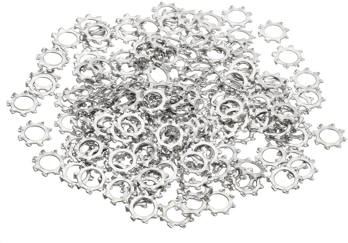 200 stuks 304 growler-sluitringen, roestvrij staal, met buitentanden, growlersluitringen, astre M8, voor bouten, schroeven, mechanische apparatuur, bevestigingen, zilverkleurig