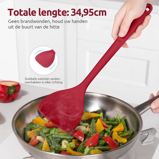Extra Lange Siliconen Wokspatel (Rood) - 315 ℃ Hittebestendige Keuken Spatel van Voedselkwaliteit,Naadloos anti Aanbak Rubber Kookgerei voor Frituren Pannenkoeken vis — afbeelding 3