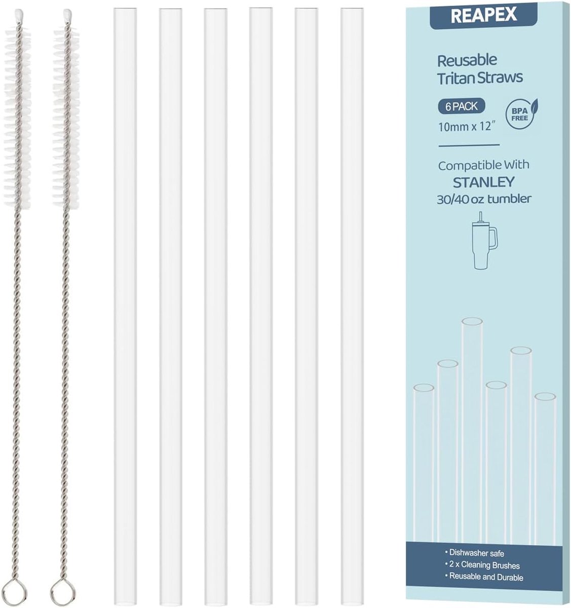 Set van 6 vervangende plastic rietjes met 2 reinigingsborstels, herbruikbaar lang dik transparant rietje voor Stanley 30 oz/40 oz drinkflessen beker, gemakkelijk schoon te maken, voedselveilig en