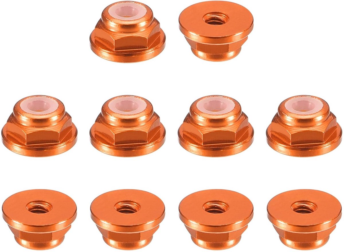Aluminium flens nylon borgmoeren 10 stuks flensmoeren - M2 x 0,4 mm zelfborgende moeren, geanodiseerde metalen moeren voor bevestigingselementen (oranje)