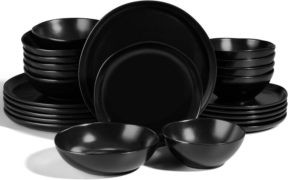 Serviesset voor 6 personen, 24-delig steengoed tafelserviesset, onregelmatig rond serviesset met platte borden, dessertborden, mueslikommen, magnetron- en vaatwasmachinebestendig, reactief mat