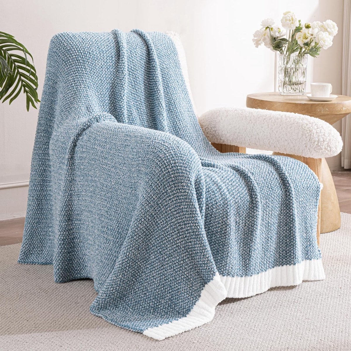 Mezcla Gebreide Geruite Fleece Plaid Dekentje, Ultra Zacht Licht en Warm, Reversibel voor Bank en Bed, Het Hele Jaar Door, 130x150 cm, Gemengd Steenblauw
