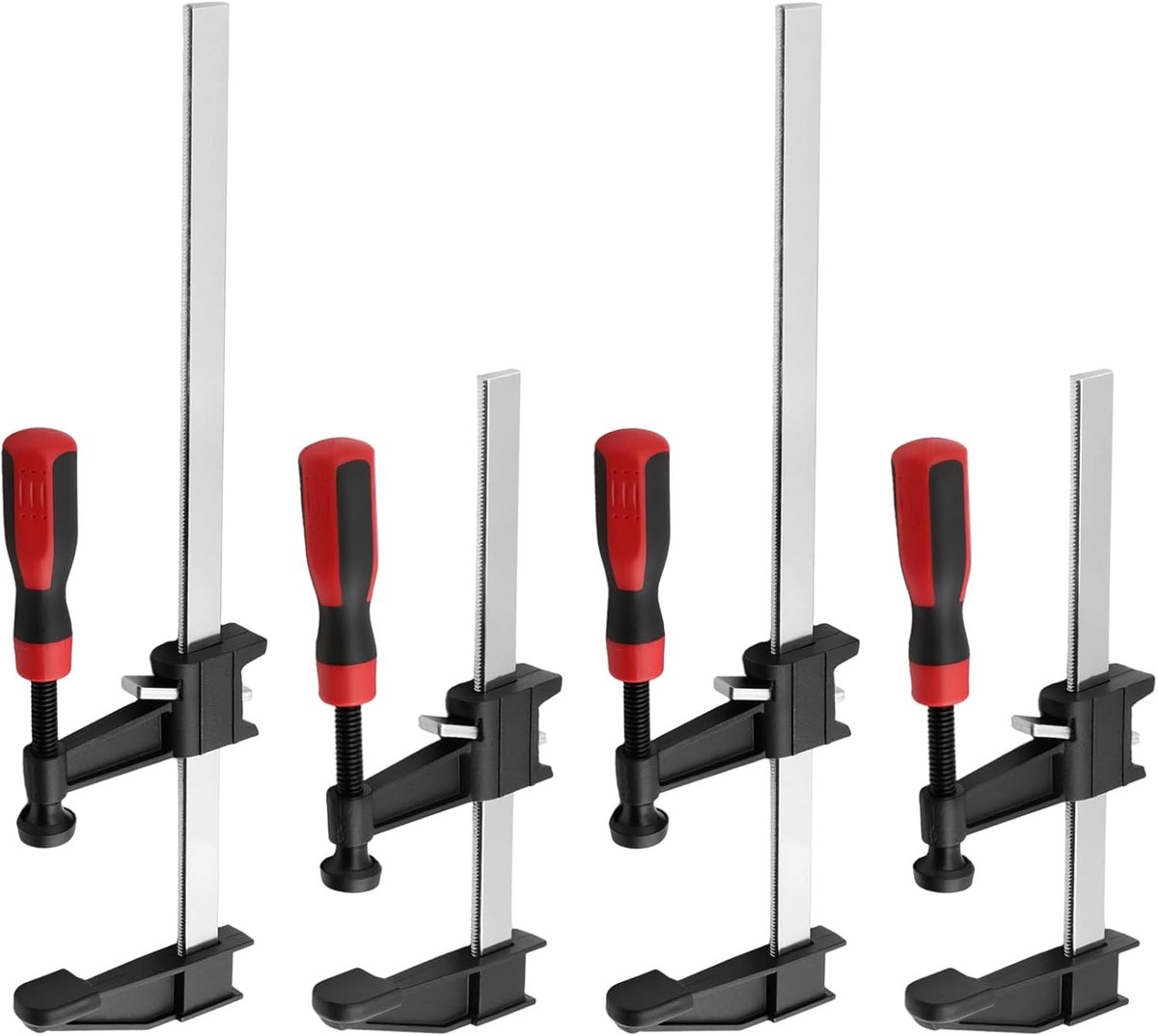 set, 4 stuks stalen klemmen, F-klemmen, 150 mm/300 mm spanbreedte, 70 mm moerdiepte, zelfspannend met snelspanner voor houtbewerking en geleiderails