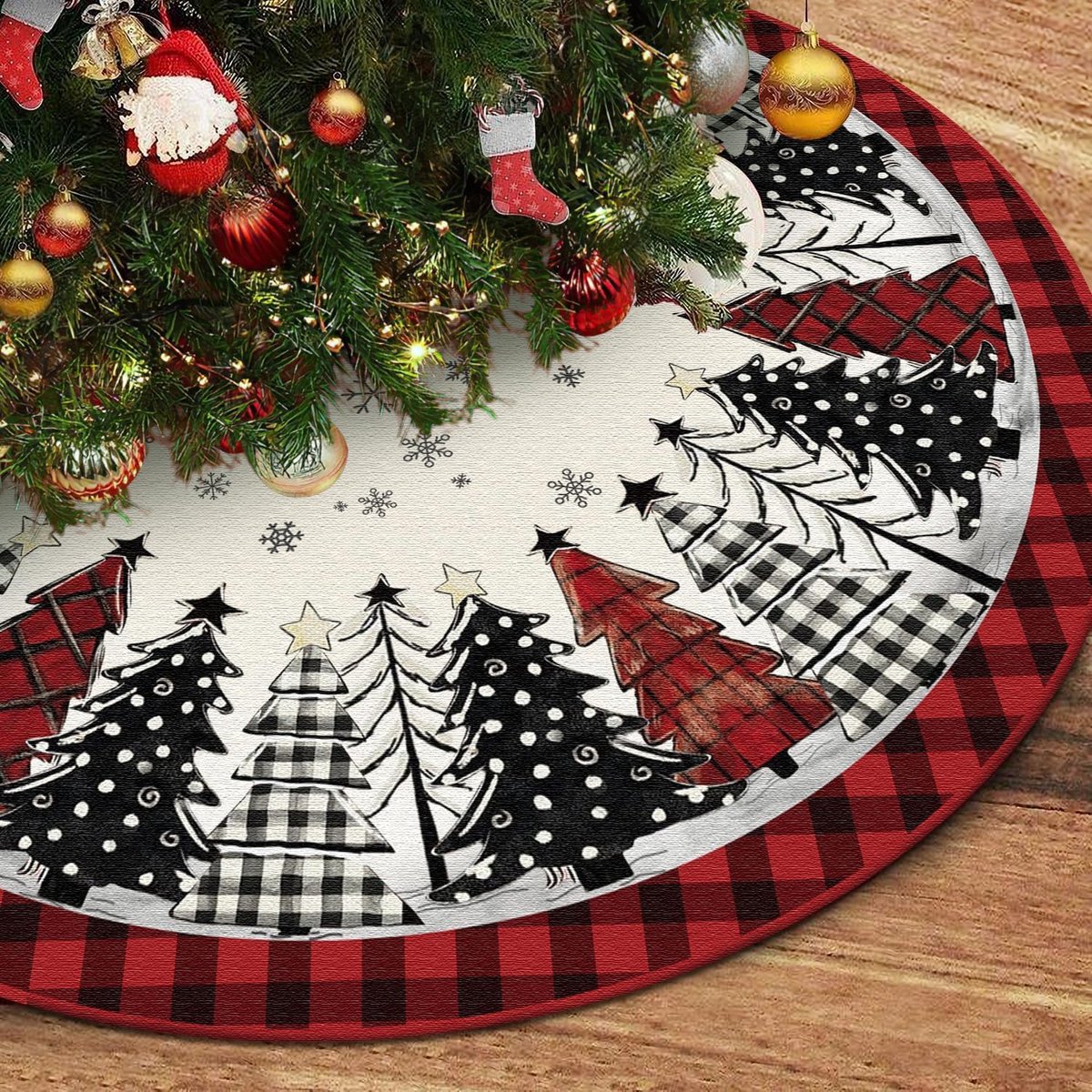 rond, 122 cm, ronde kerstboomdeken, rode en zwarte buffelruit, kerstboommotief, boomdeken, kerstboomtapijt, rond, voor kerstboomversiering, vakantiefeesten