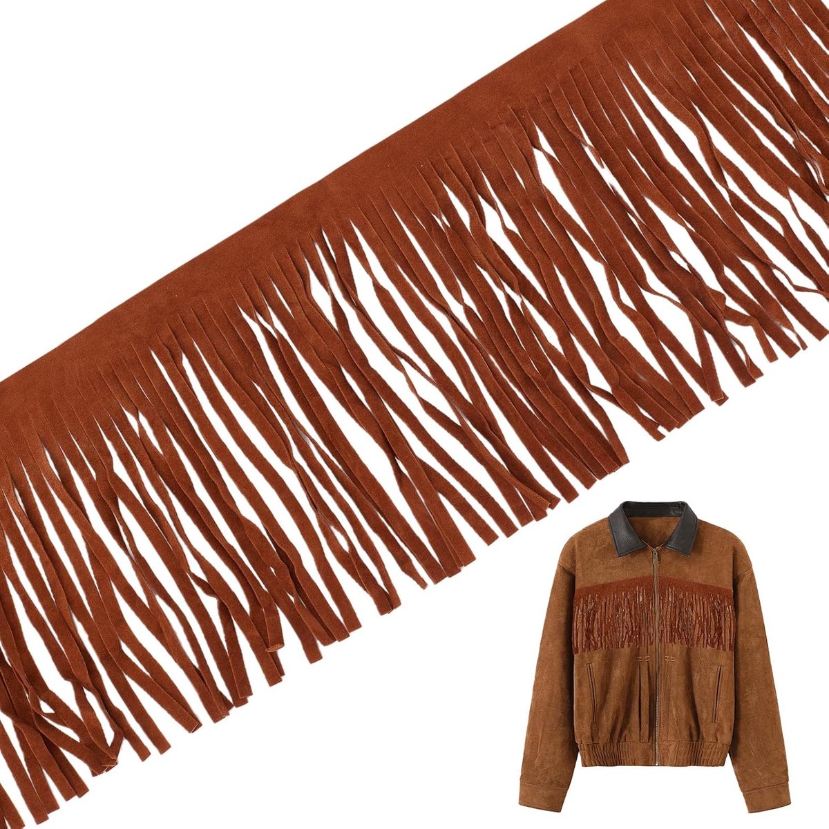 franjes, 3,8 m en 15 cm, kwastjes met franjes van bruin suède, decoratief lint van kunstleer voor knutselwerk, naaien, kleding, tassen