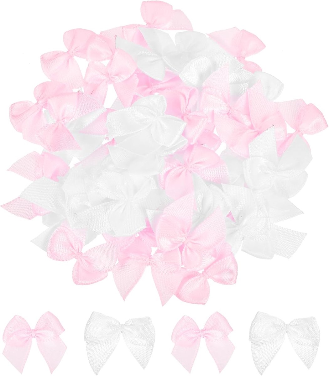 100 stuks mini-strikboog, 2,5 cm, mini-stoffen satijnen bloemen voor knutselen, doe-het-zelf naaien, bruiloft, verjaardagsfeest, roze en wit