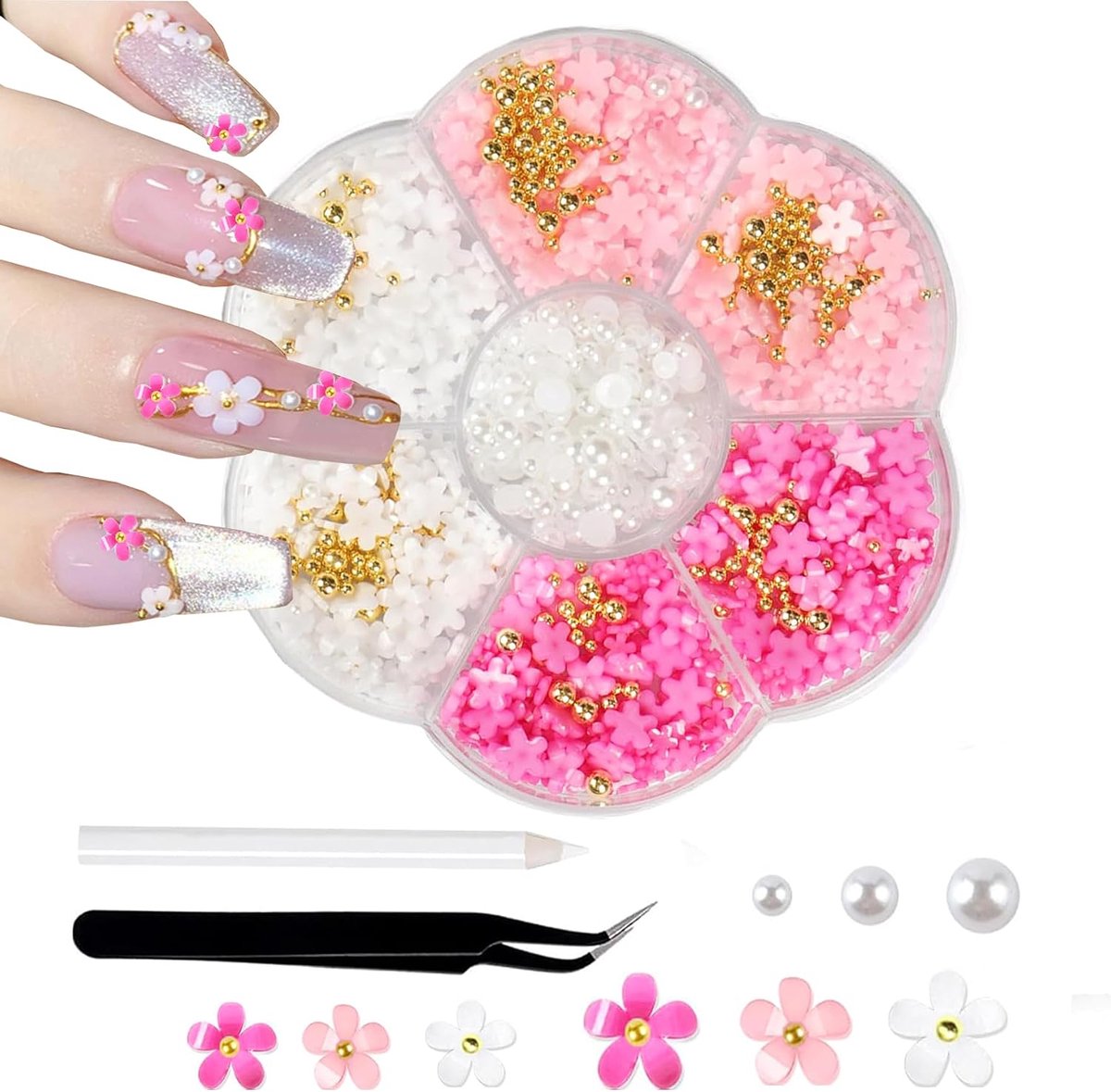 Charms, nail art 3D nagelbedels voor nagelstrik met bloemen, kralen, nail art, nageldecoratie voor doe-het-zelf nail art design (roze-rood)