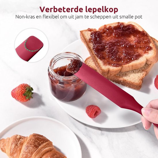 Jar Spatula, Voedselveilig Kleine Siliconen Spatel (Rood) - Flexibele Lepelvormige Punt en Stevige Kern voor het Mengen,Schrapen en Smeren van Zuurdesemstarter Pindakaas Jam en Slagroom van jar — afbeelding 3