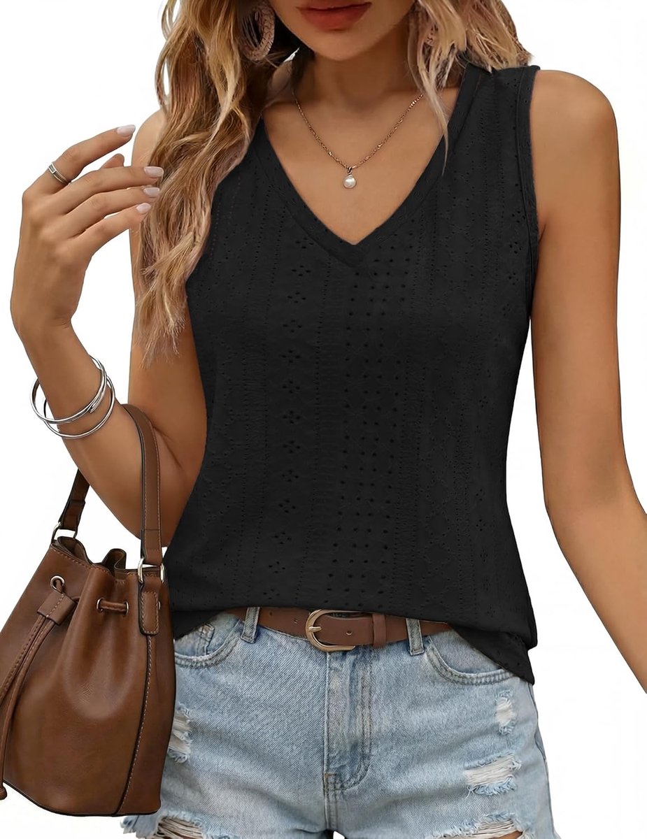Elegante damestop met V-hals en V-hals, mouwloos, casual, zomertop met ogen, basic bovenstuk