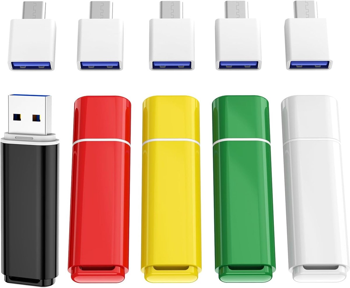 64 GB USB stick 5 pack met type C adapters USB 2.0 | Veelkleurige 5-delige set, Plug-and-play dataopslag, Inclusief Type-C-adapter voor smartphones, tablets en pc's.