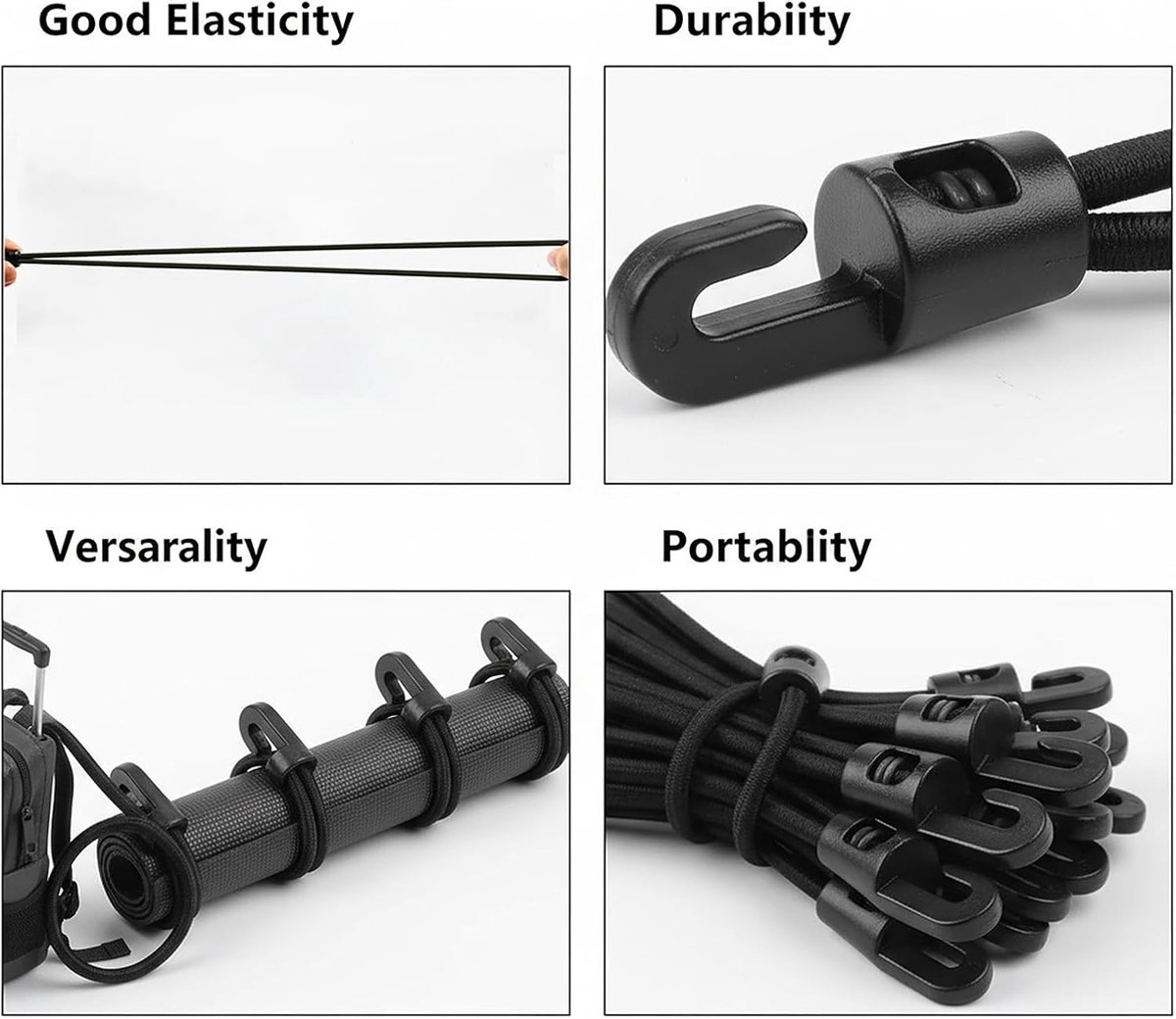 25 stuks elastische koorden met haken voor campingzeilen, bagage, camping, tenten, aanhangers, banners en meer (10 cm, zwart)