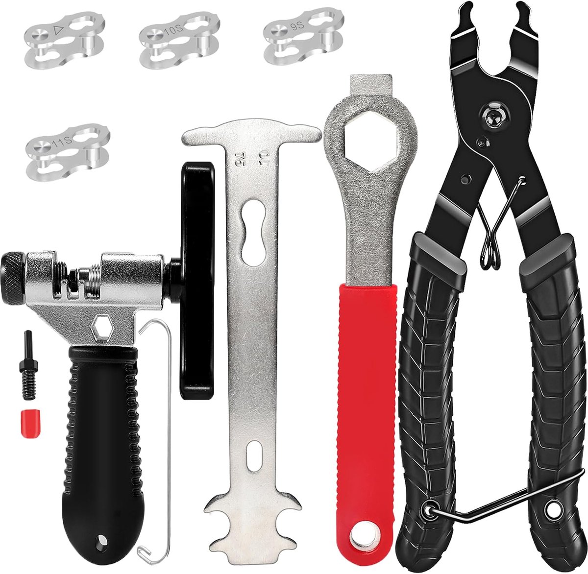 fietskettingslot, tang, kettingbreker, kettingmeter, herbruikbare fietsketting, reparatieset voor 6-12 vakken, gereedschap met 4 paar fietskettingen, klinknagels