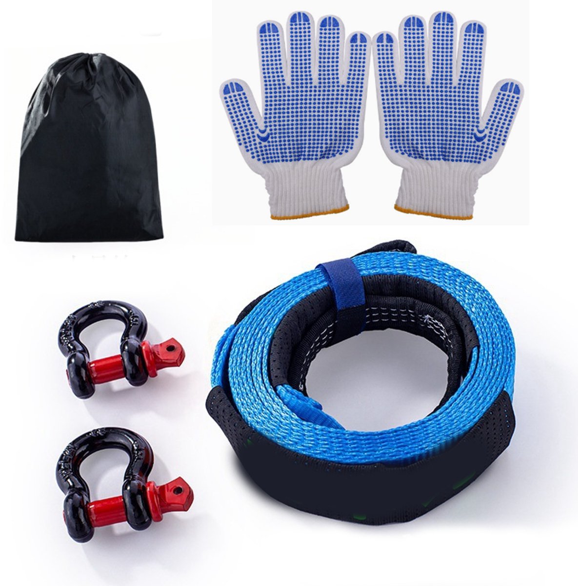 KZQ 8T sleepkabel 5m x 5cm met 2 versterkte haken en 1 paar handschoenen - Premium nylon sleepband voor auto SUV truck en off-road - Blauw