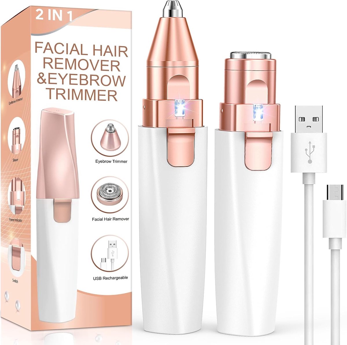 Gezichtsscheerapparaat Dames 2-in-1 Wenkbrauwtrimmer - Elektrisch Oplaadbaar met LED-Licht Roze/Wit