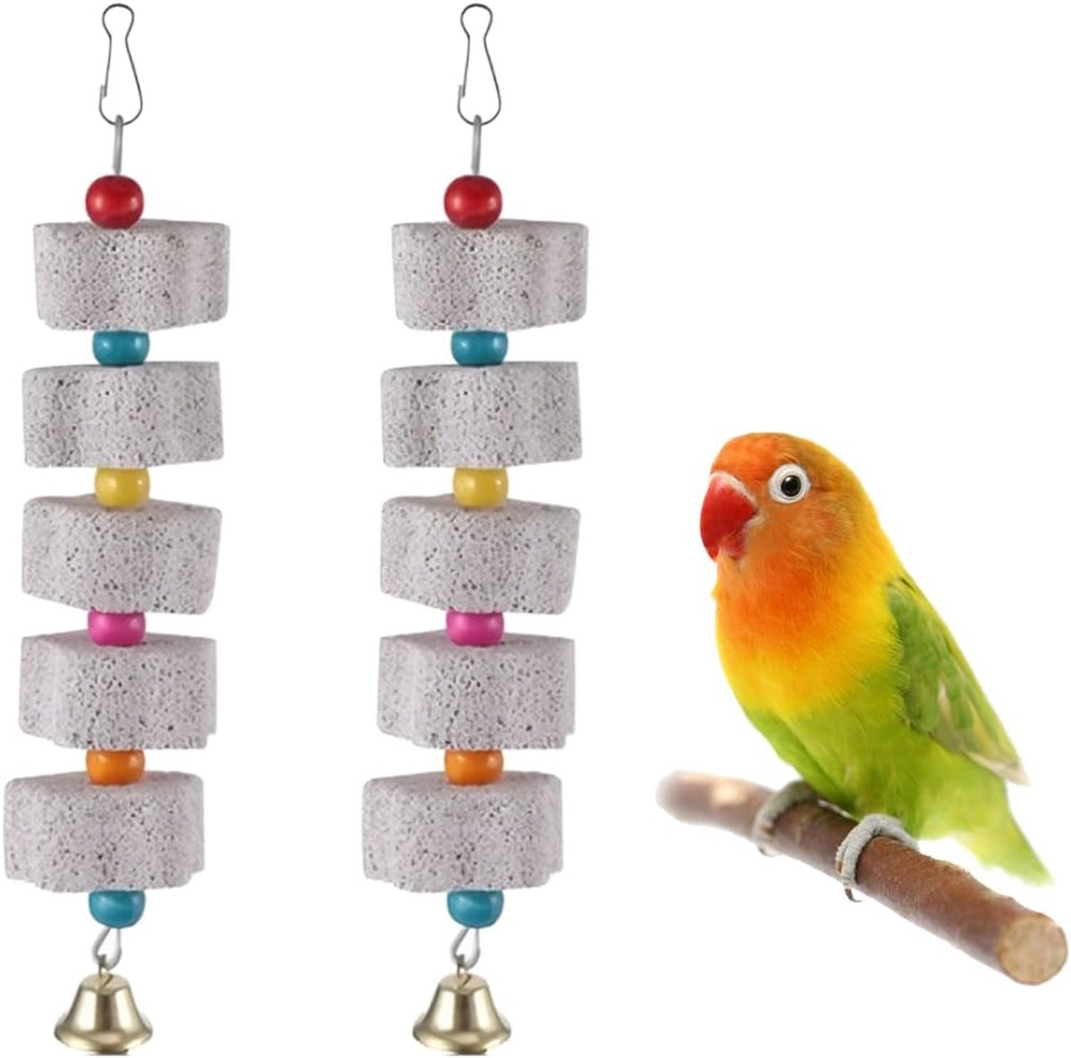 2 stuks grote vogelkauwspeeltjes met bel, snavel-slijpsteen met bel, mineraalsteen, baktandspeelgoed met bel, geschikt voor papegaaien, grijze papegaaien, grasparkieten, lovebirds