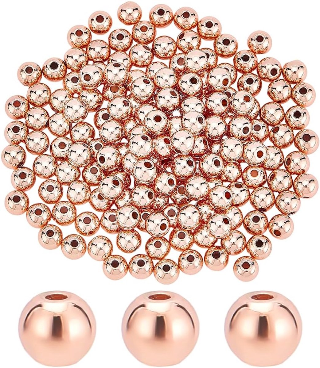 PandaHall 150 stuks 14K rosé vergulde spacer kralen, 6mm ronde bal kralen, rondelle metalen armband kraal stapelbaar messing losse spacer kraal voor armband ketting oorbel sieraden kralen knutselen