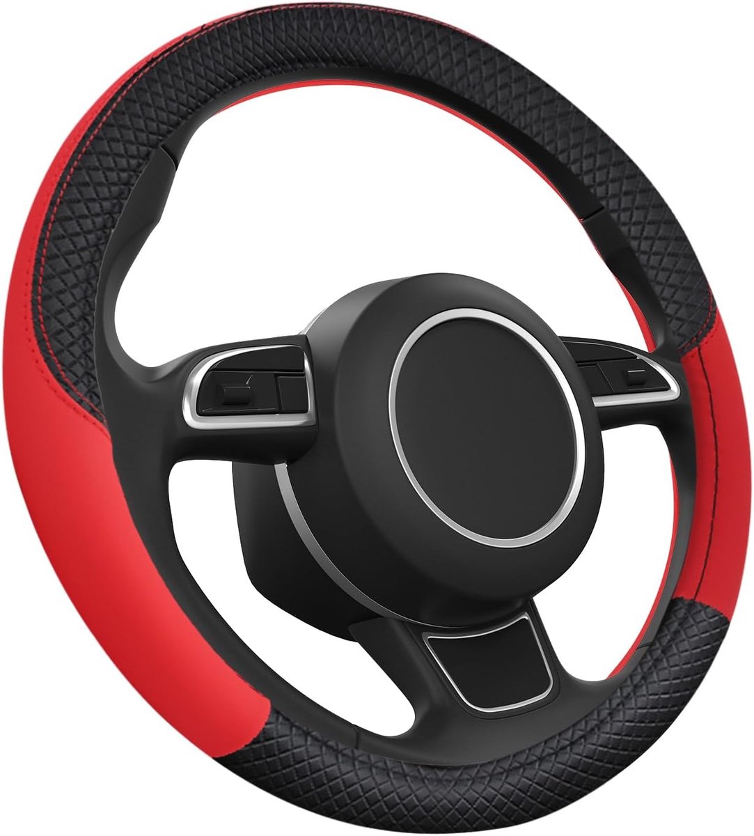 Stuurhoes voor de auto, microvezel, leer, 38 cm, antislip, stuurhoes, universele stuurbescherming, ademende stuurbescherming, stuurhoes, leer (rood)