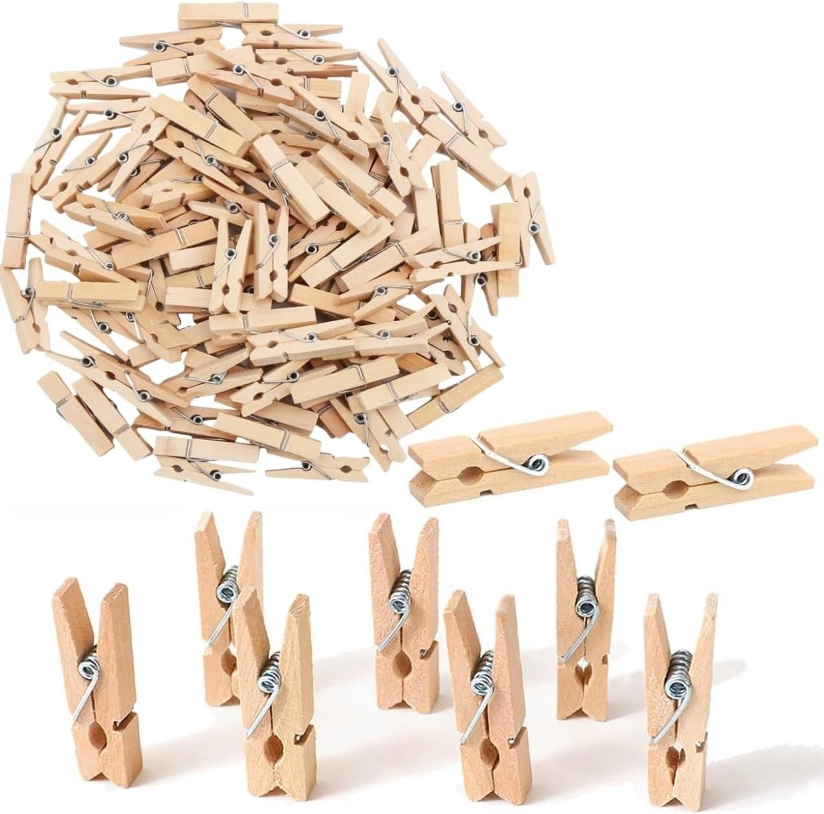 Wasknijpers, 100 stuks, kleine houten wasknijpers, decoratieve klemmen, klein voor foto's, fotowand, ansichtkaarten, brieven, doe-het-zelfprojecten