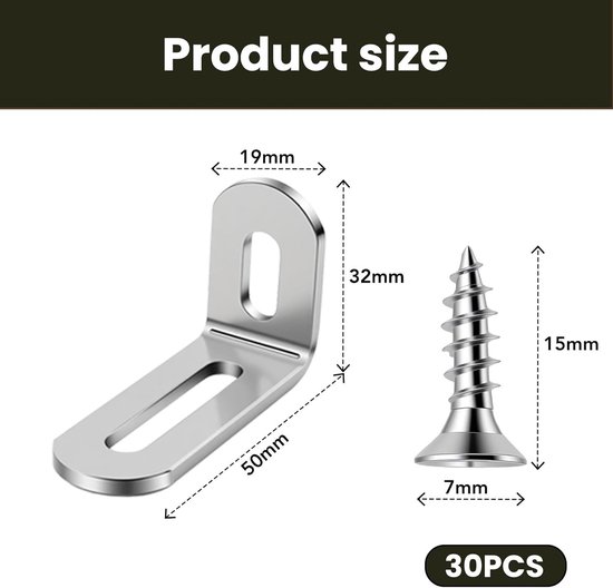 30 stuks roestvrijstalen metalen hoek, 32 x 50 x 19 mm, wandbeugel in L-vorm, voor bevestiging en reparatie van meubels, timmermanshoek, eenvoudige en robuuste installatie — afbeelding 5