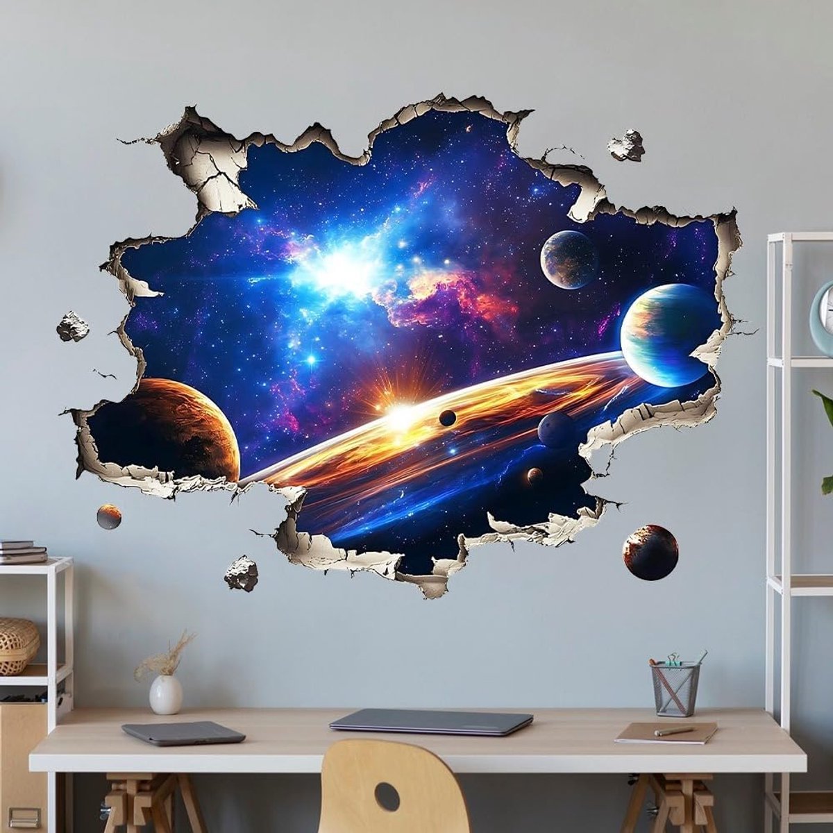 3D heelal muurtattoo, sterrenstelsel muursticker, 71,4 x 51,4 cm, universum wanddecoratie voor kinderkamer, woonkamer, slaapkamer, keuken, universum A