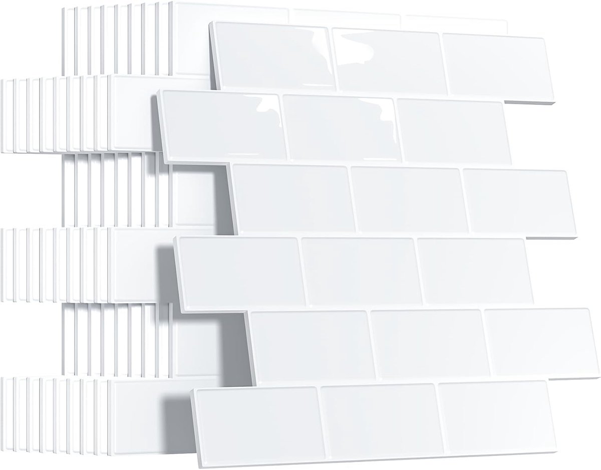 Tegelstickers, stickers voor badkamer keuken, pvc-plaktegels, keukenachterwand, zelfklevend, metro plaktegels, tegelstickers (10 stuks, wit)