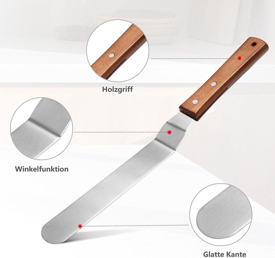 steakspatel en gebogen taartpalet, grillspatel en hoekpalet met houten handgrepen, robuuste metalen spatel voor taartdecoratie, koken en grillen, 3 stuks — afbeelding 3