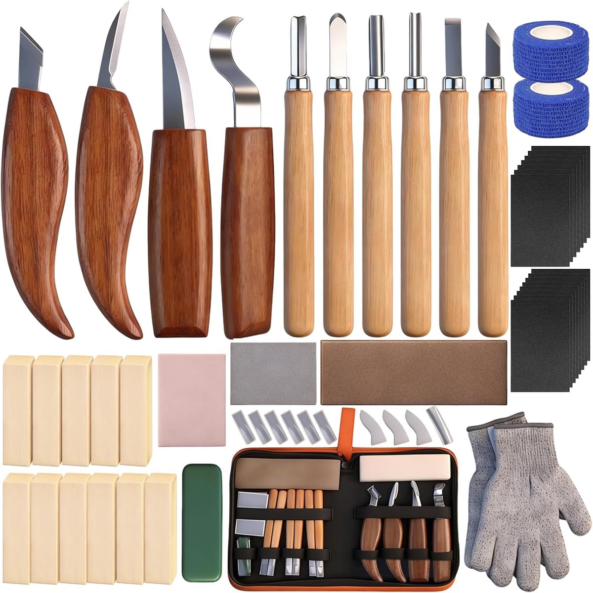 houtsnijset voor beginners: snijmesset 44-delig om te snijden, houtsnijset, carving kit met handschoenen, schuurpapier, verband en lindehout voor kinderen en volwassenen