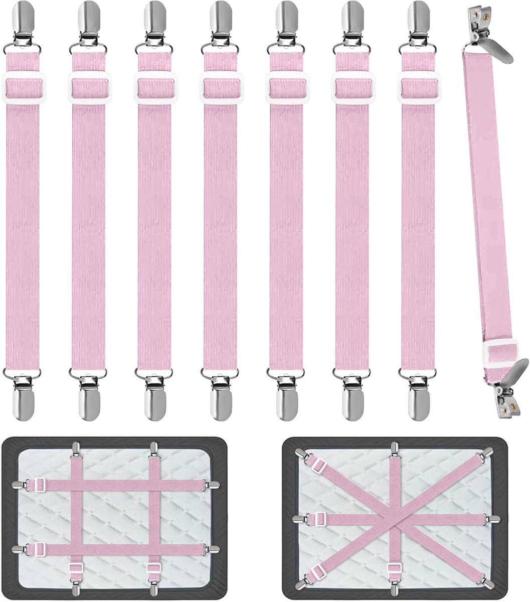 verstelbaar, 50-230 cm, bedlakenspanner, elastische bedlakensluitingen, lakspanners om op te houden, matras, strijkplank, bank (roze)