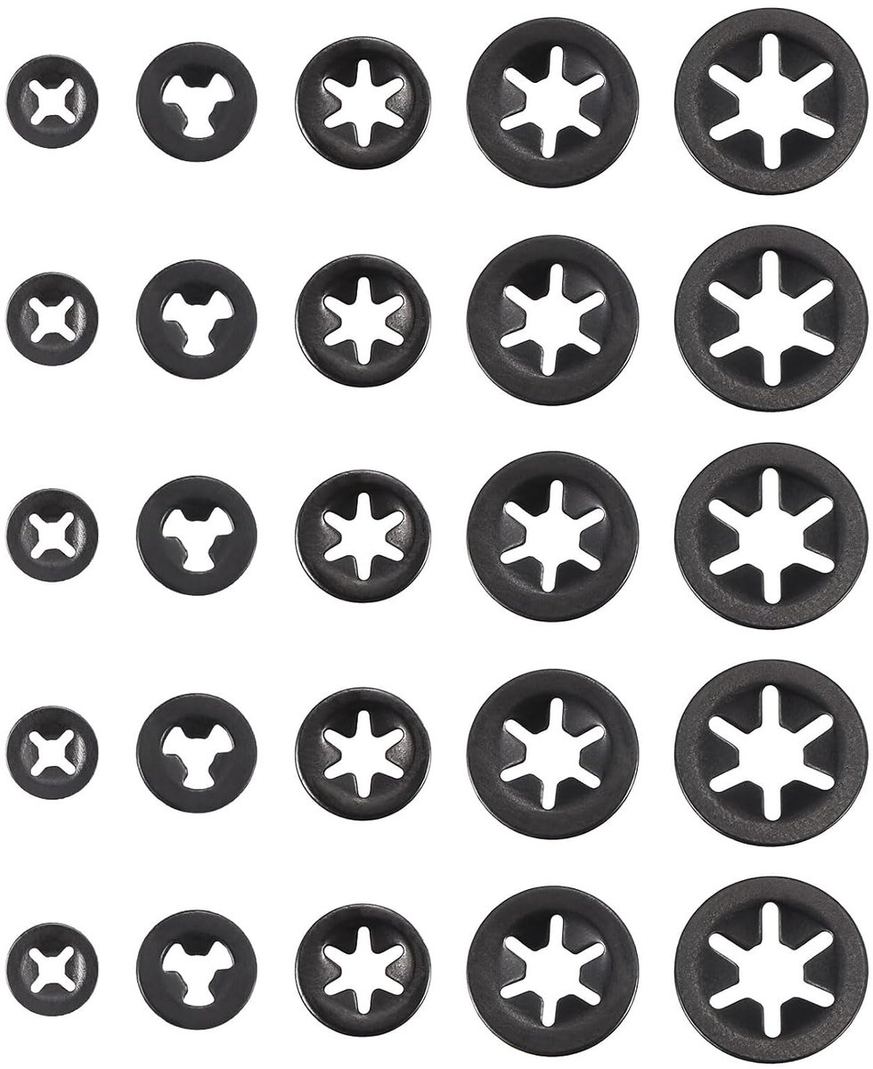 50 stuks binnentandmoeren, moeren met tandschijf, 65 Mn voor snelle vergrendeling van de moer, 5 maten, zwart