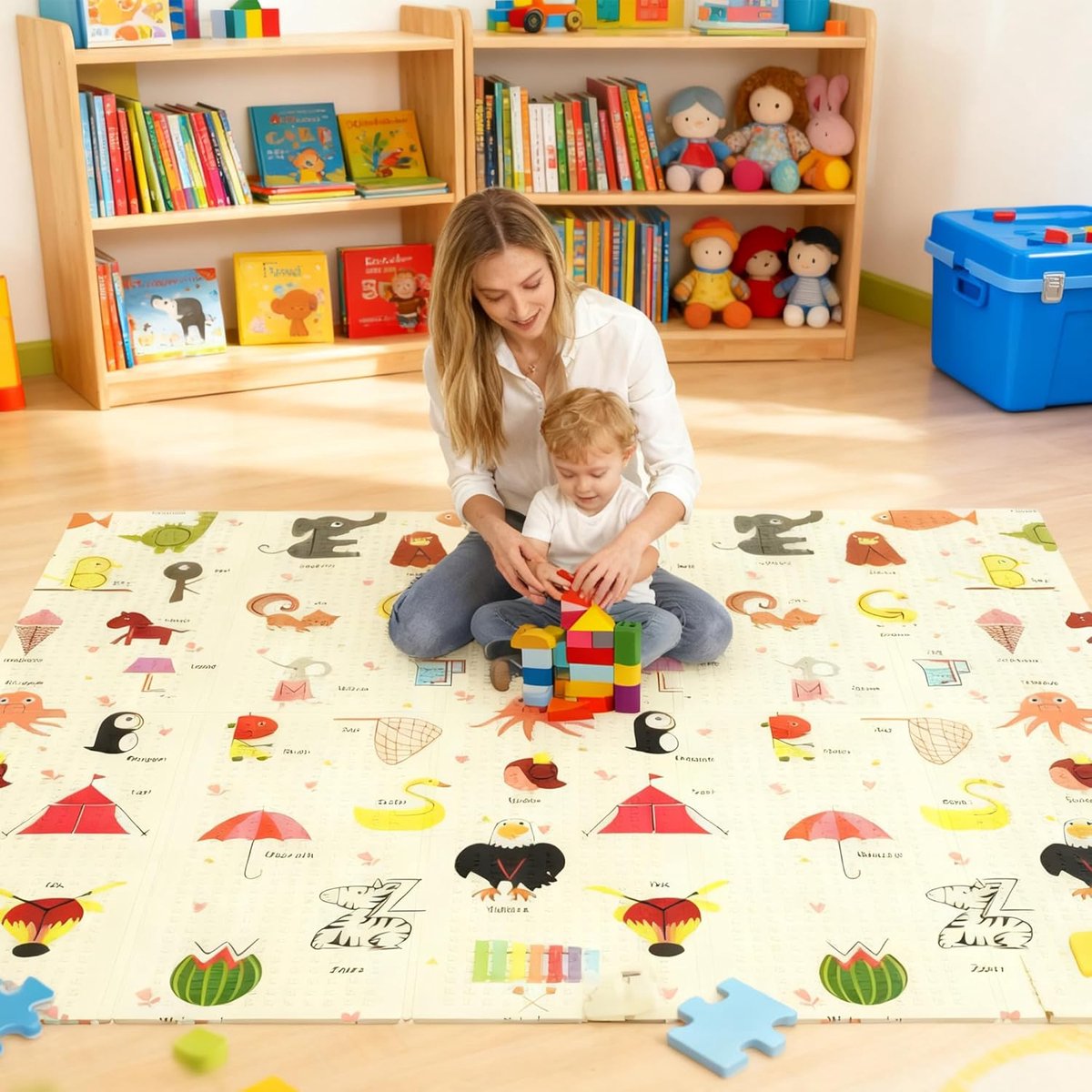 Kruipmat voor baby's, speelmat voor baby's, opvouwbaar, 200 x 180 x 1 cm, speelmat voor baby's, dubbelzijdig, schuimrubberen mat, waterdicht, draagbaar, vloermat voor kinderen met opbergtas