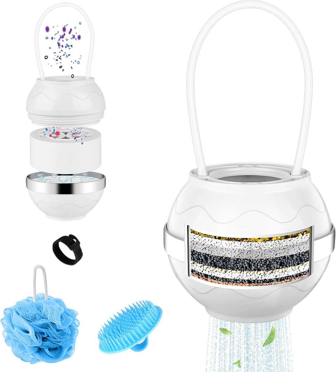 8 Stadia Bad Filter, Badwaterfilter voor Bad met Douchebal en Shampooborstel, Filter for Bathtub, Badfilter voor Baby's en Volwassenen, Balbadfilter, BPA Vrij, Zuiver Uw Badwater