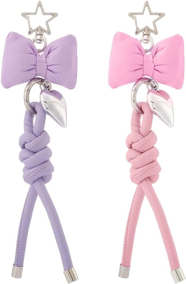 Sleutelhanger met strik van kunstleer voor dames, zwart, elegante sleutelhanger met strik, sleutelhanger met gevlochten harthanger voor telefoonhoes, tassen, portemonnees, decoraties