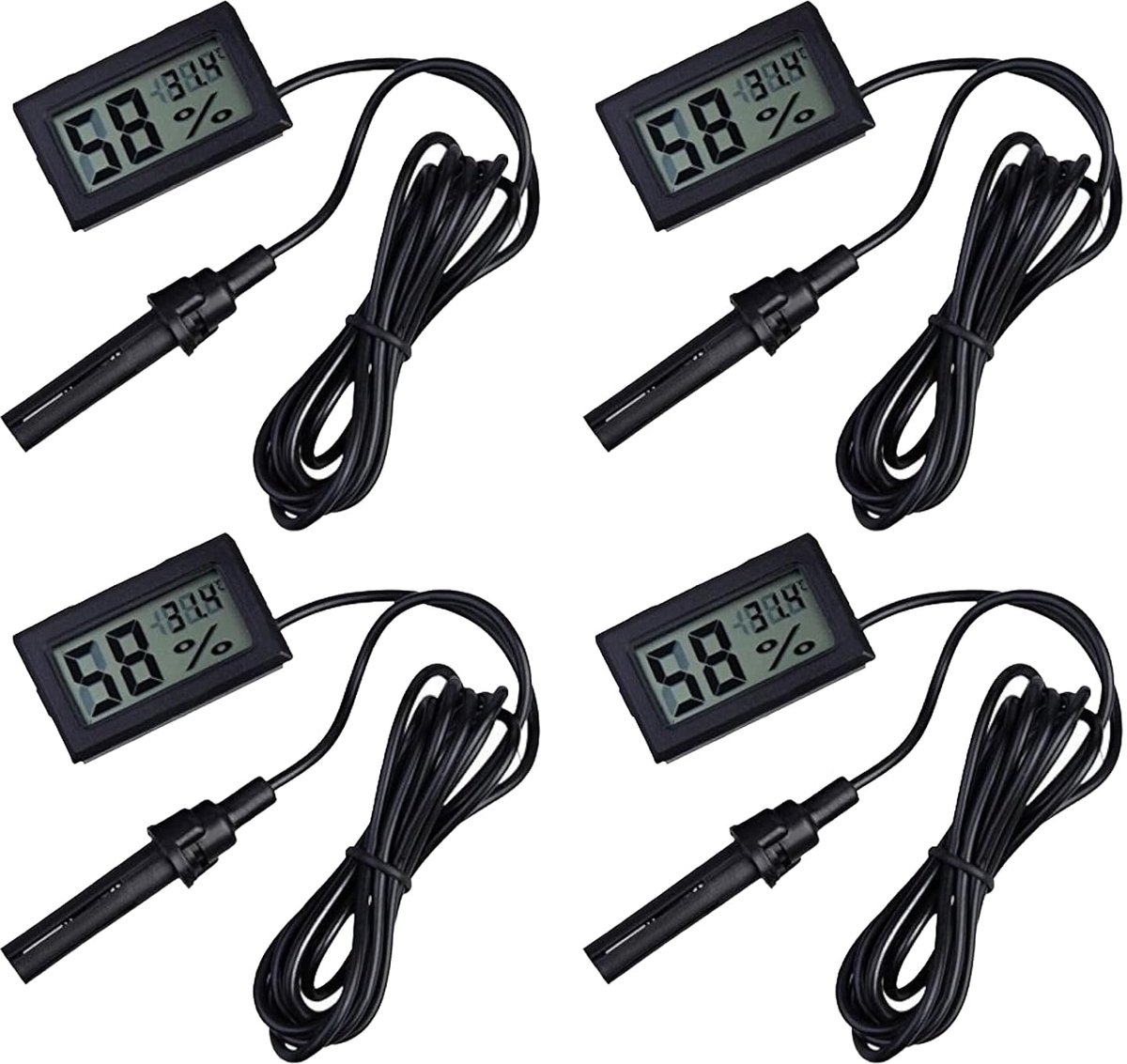 2-in-1 digitale lcd-embedded thermometer, hygrometer met externe voor reptielen, incubator, aquarium en gevogelte, zwart (4 stuks)