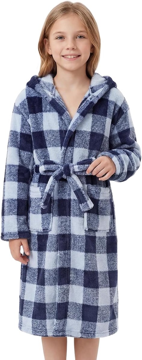 Badjas met capuchon voor kinderen, geruite badjas van koraal fleece, zachte flanellen fleece badjas voor jongens en meisjes van 4-14 jaar