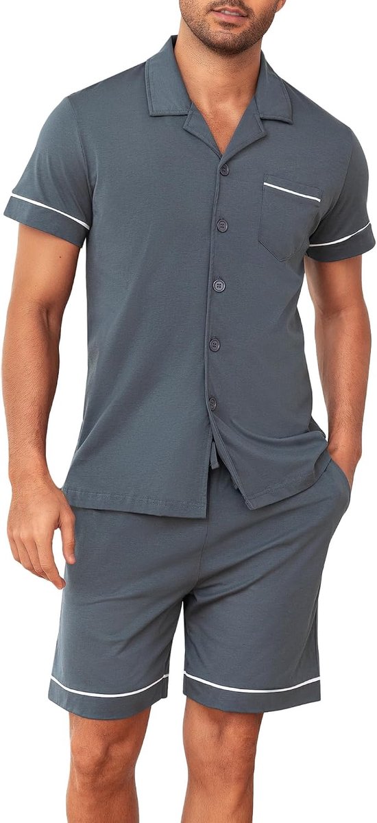pyjama voor heren, 100% katoen, met knopen, lichte zomerpyjama met korte mouwen en korte broek, comfortabel voor thuis, op reis en ontspanning