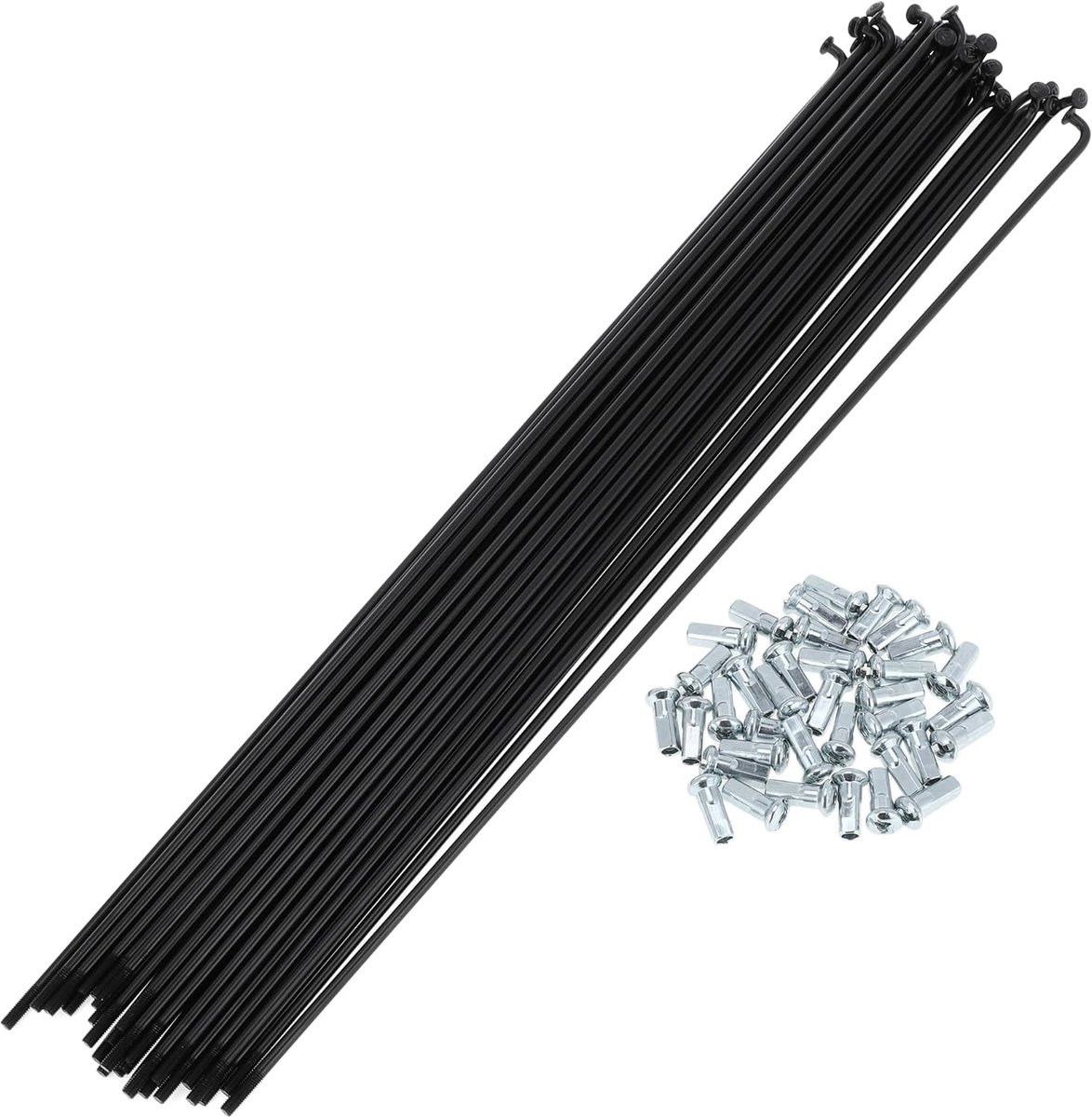 Spaken voor fiets, 12G, 1 set, 290 mm, van koolstofstaal | zwart, voor fietsbanden, diameter elleboogkop 5 mm, as 2,5 mm, mondstuk 13 x 7 mm, 36 spaken en 36 zuigers
