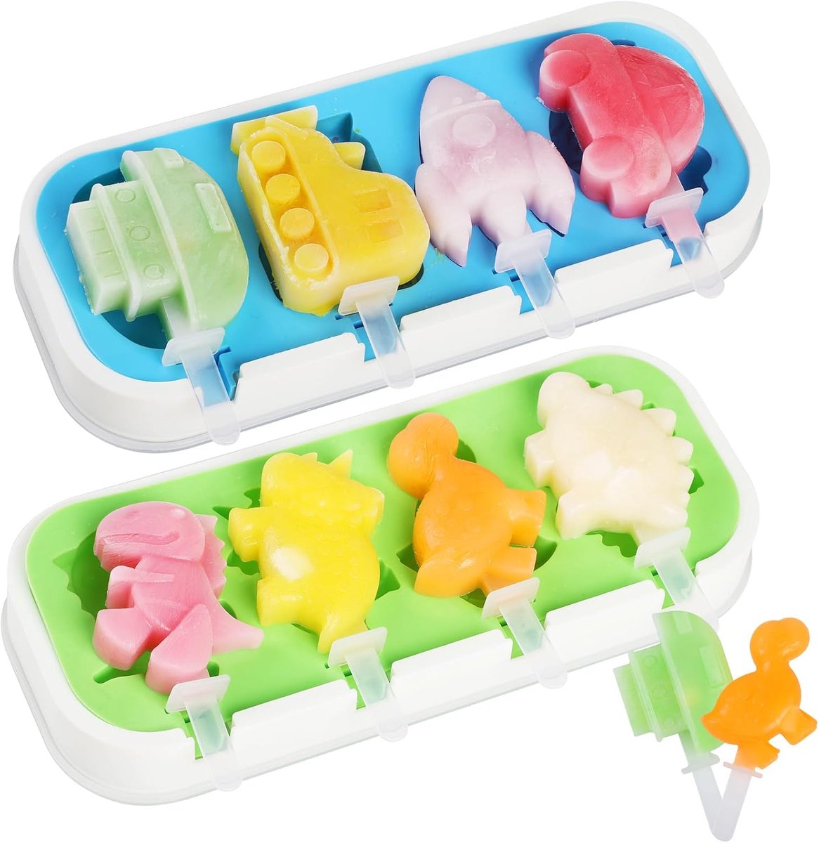 Set van 2 siliconen ijslollyvormpjes, dierlijke ijslolly maker 8 holtes, leuke beerpoten, konijnenvormen voor kinderen met 12 herbruikbare stokjes blauw groen