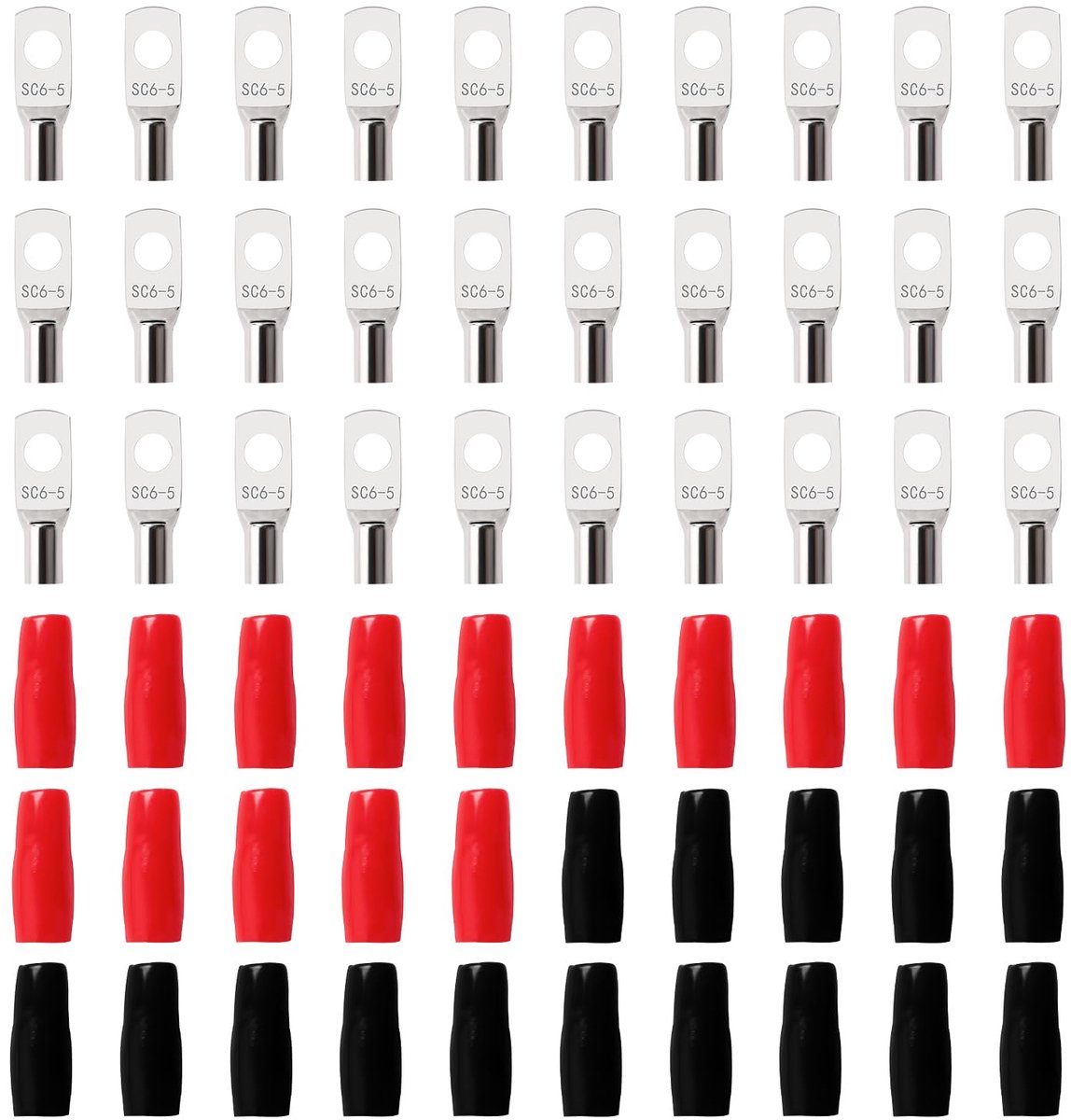 60 Stuks M5 SC6-5 AWG10 Ringklemmen Set, Buisvormige Batterijkabeluiteinden, Batterij Kabel Eind Terminals, met Isolatie Mouwen, voor Elektrische Kabel, Zilver