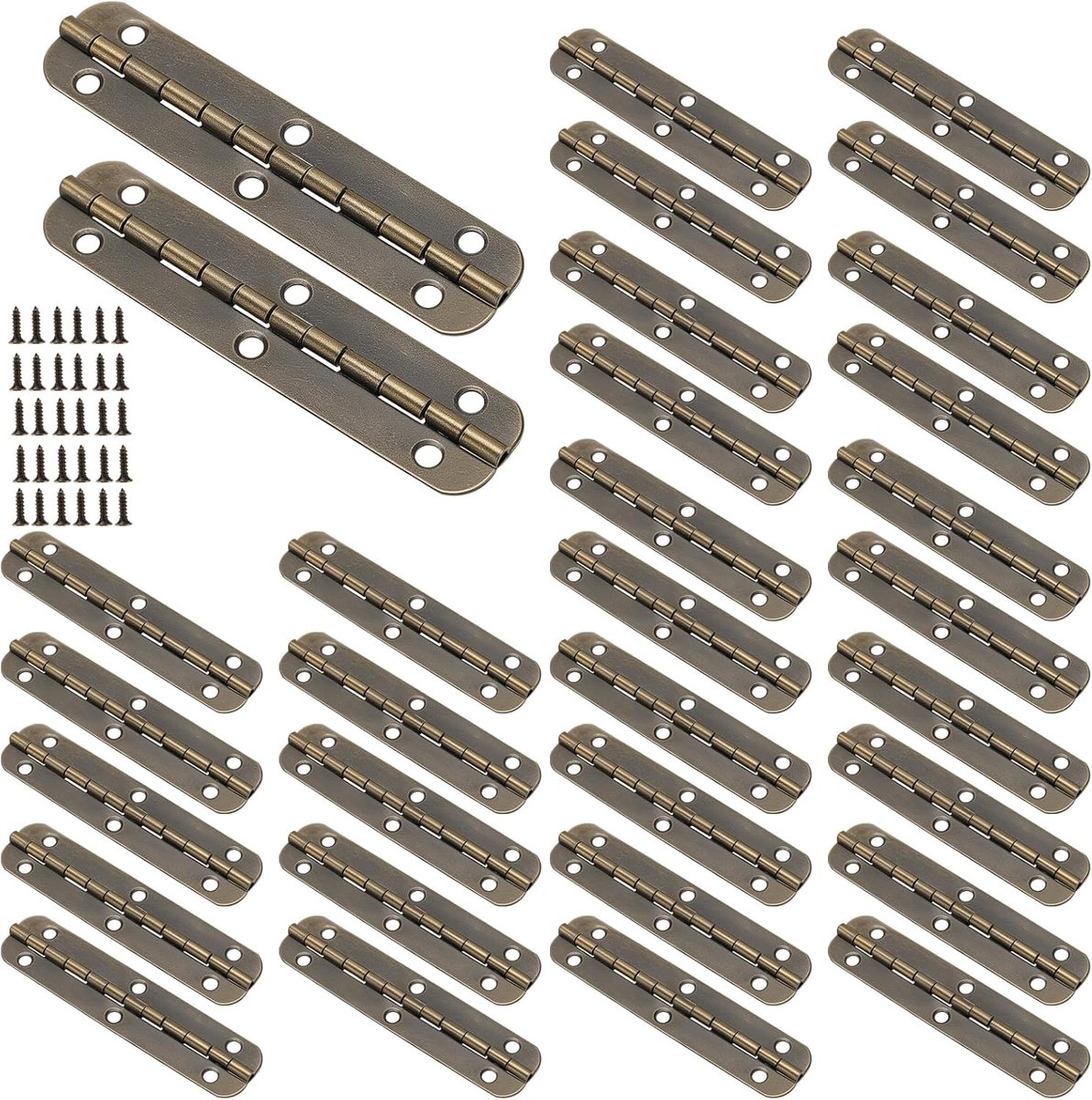 30 stuks pianobanden met schroeven, 6 x 1,5 cm mini-scharnieren van ijzer in antiek brons, mini 90 graden sieradenscharnieren voor sieradenkistjes, doe-het-zelf projecten of meubels