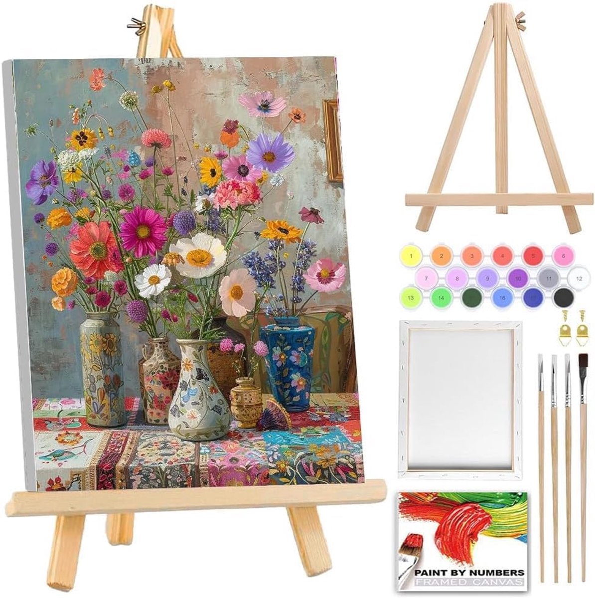 Schilderen op nummer voor volwassenen bloemen Schilderen op nummer voor volwassenen met houten lijst en houten staffelier, acrylverf op canvas Cadeau voor thuisdecoratie 30×40cm