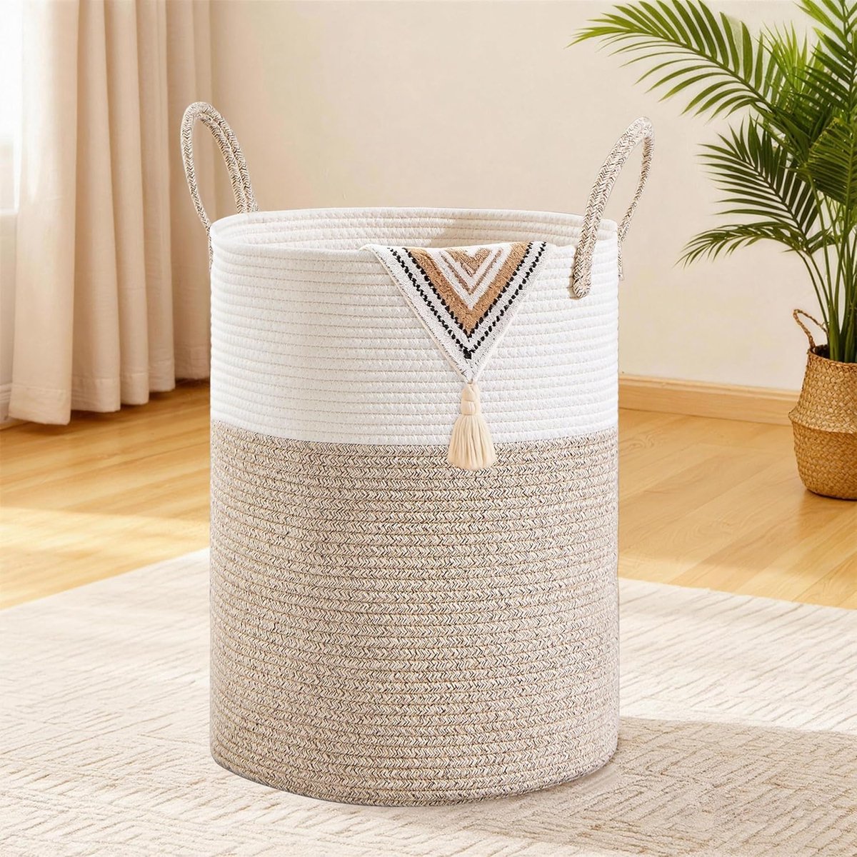 Katoenen Touw Wasmand 38cm x 50cm - Opvouwbare Opbergmand met Handvat - Voor Wasgoed, Dekens en Speelgoed - 58L Bruin-wit | Katoenen handvat opbergmand voor wasgoed, dekens, kussens, speelgoed, in de kinderkamer, woonkamer, slaapkamer en wasruimte