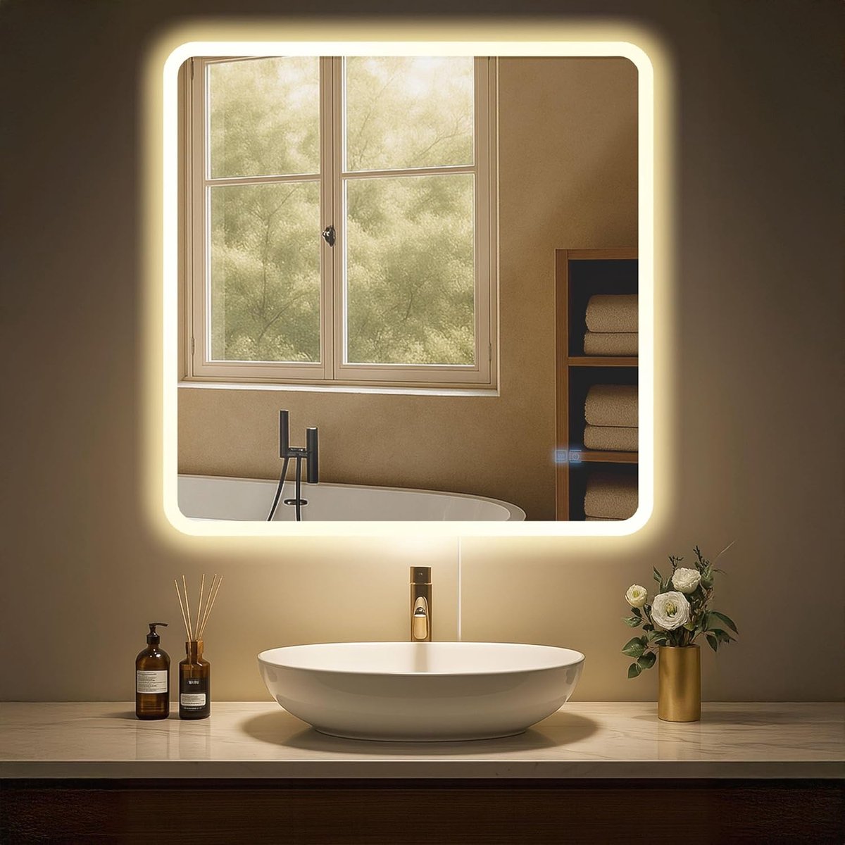 Jericho Badkamerspiegel - met verlichting - met verwarming - vierkant - anti-condens wandspiegel - LED dimbaar - 3 lichtmodi -, Maat:80x80 cm