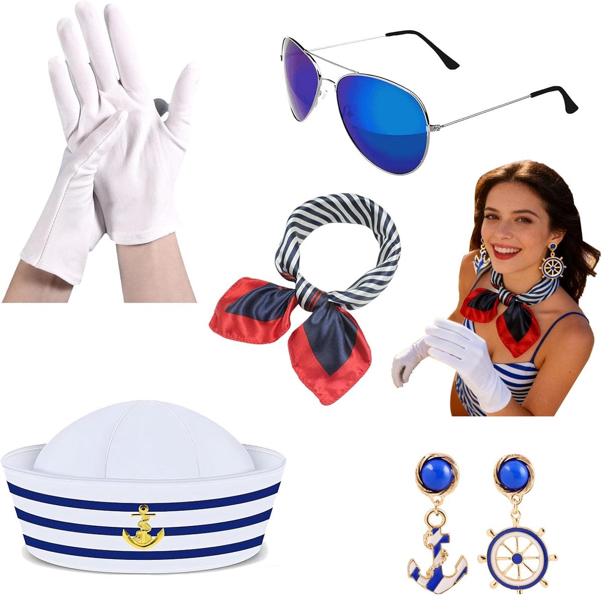 matroos verkleedset dames 7-delig – waterfeest kostuum accessoires wit-blauw – matrozen hoed + sjaal + handschoenen + zonnebril + oorbellen – ideaal voor themafeest, cosplay, carnaval