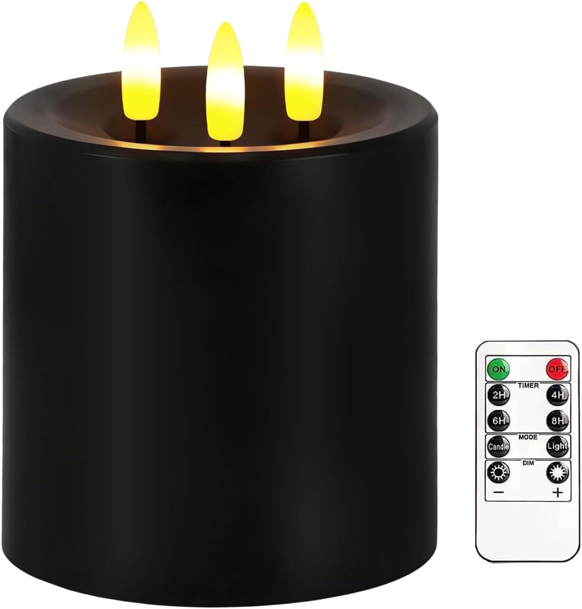 Vlamloze ledkaarsen, grote 3 lonten, ledkaarsen met afstandsbediening en timer, echte was, op batterijen werkende kolomkaarsen voor Halloween-decoratie (zwart)
