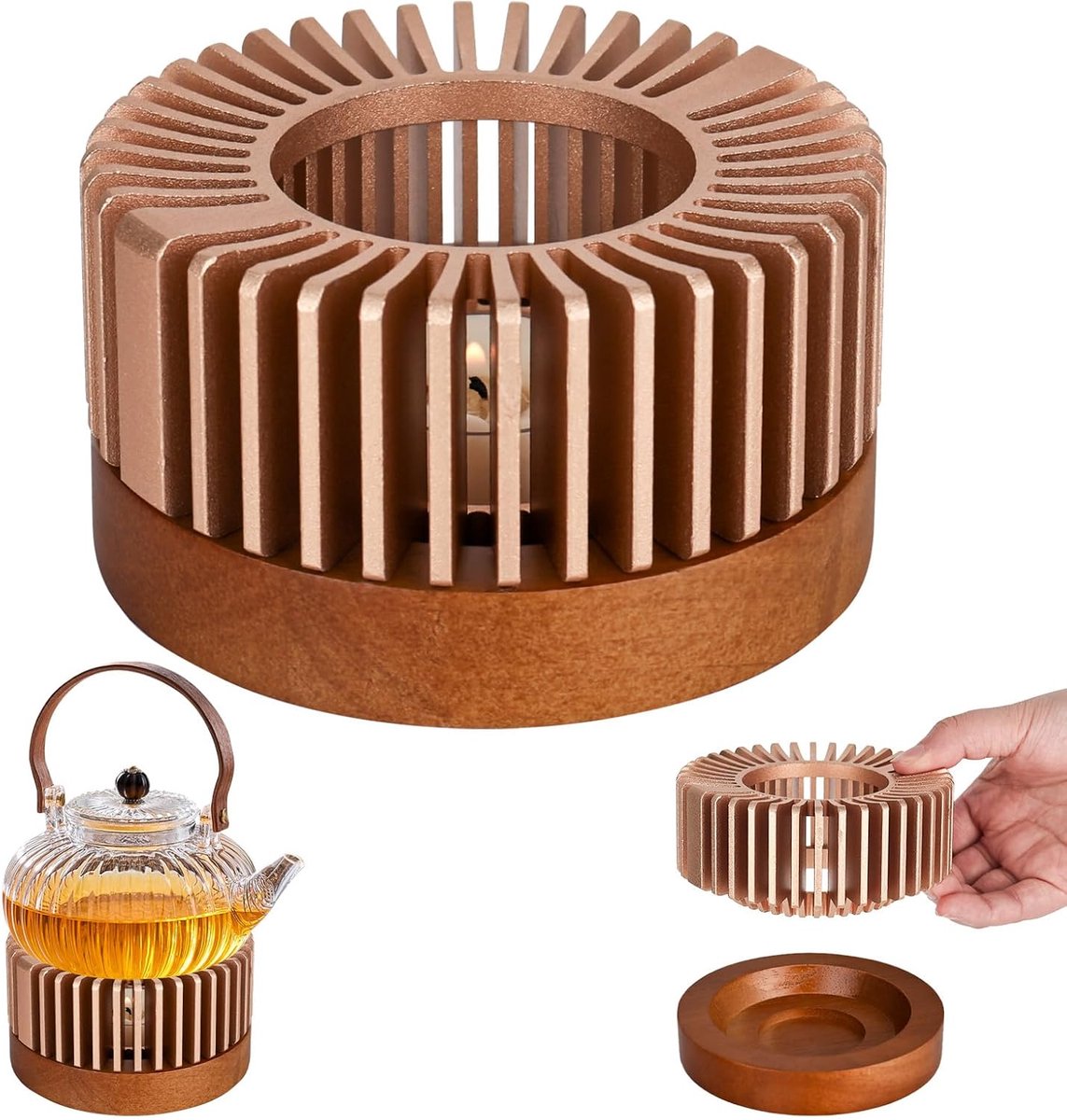 Stövchen voor theepot met houten voet, theewarmer van legeringen kopwarmer Isolatie Uitholling voor warmtebehoud van thee, melk, voedsel, koffie (zonder kaarsen) (Roze Goud)
