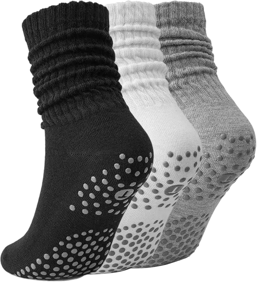 Sokken, 3 paar, pilatesokken met handgrepen voor dames en heren, antislip yogasokken voor yoga, barre, dansen, ballet, fitness (zwart, wit, grijs)
