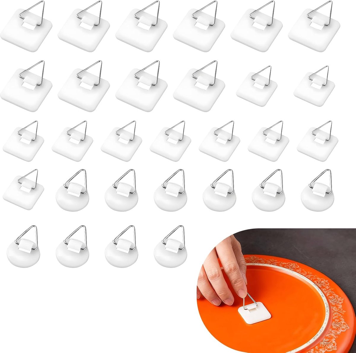 30 stuks fotohangers met linnenstructuur, 22/24/32 mm, rond en vierkant, ophangset met sterke kleefpads, praktische zelfklevende haken, voor het ophangen van lijsten, decoratie en wanddecoratie