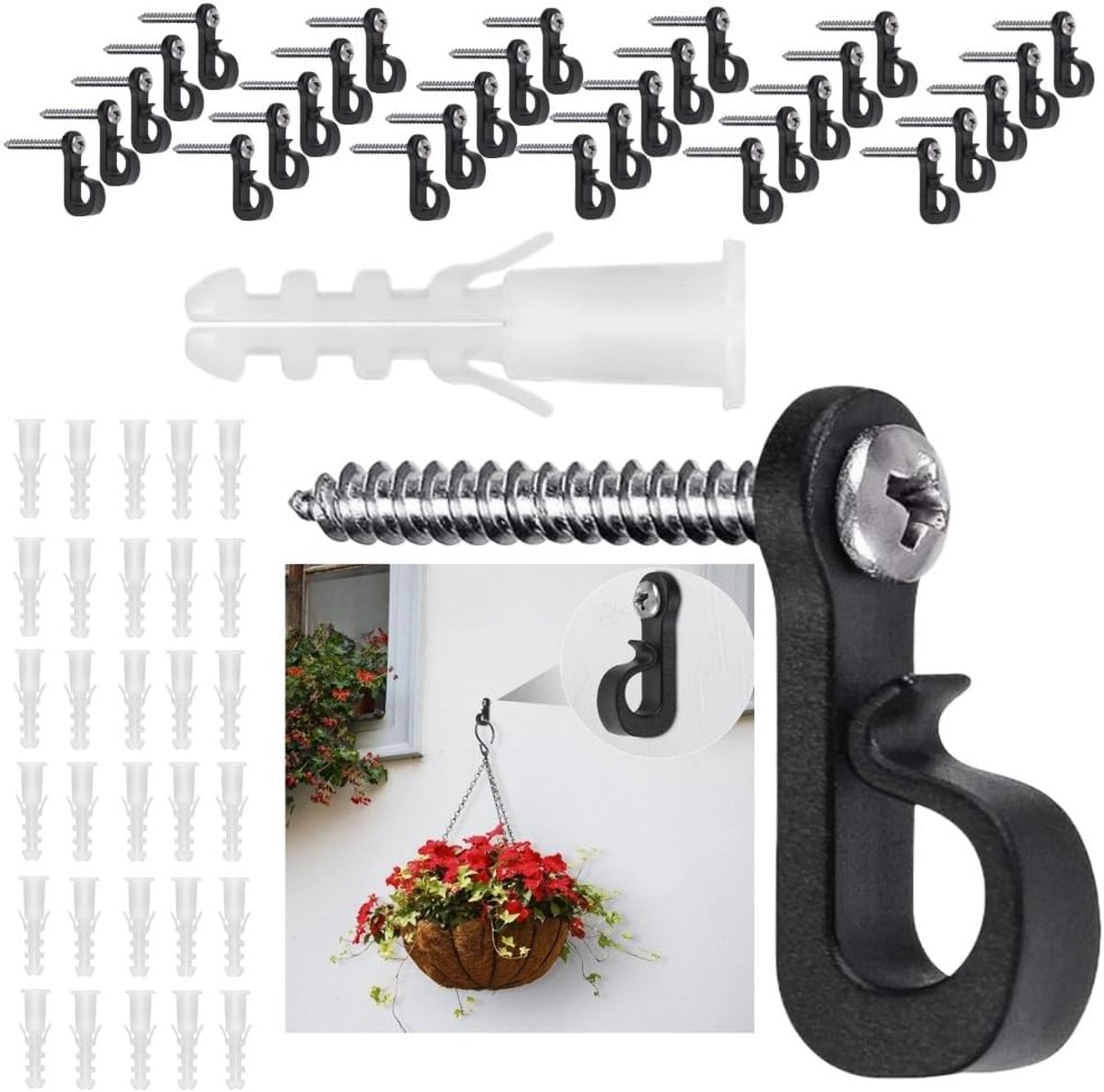 Haken, Outdoor Indoor Light Houder met Boor Hangende String Lights Planten Binnen en Buiten Hanger Haken Garage. (zwart)