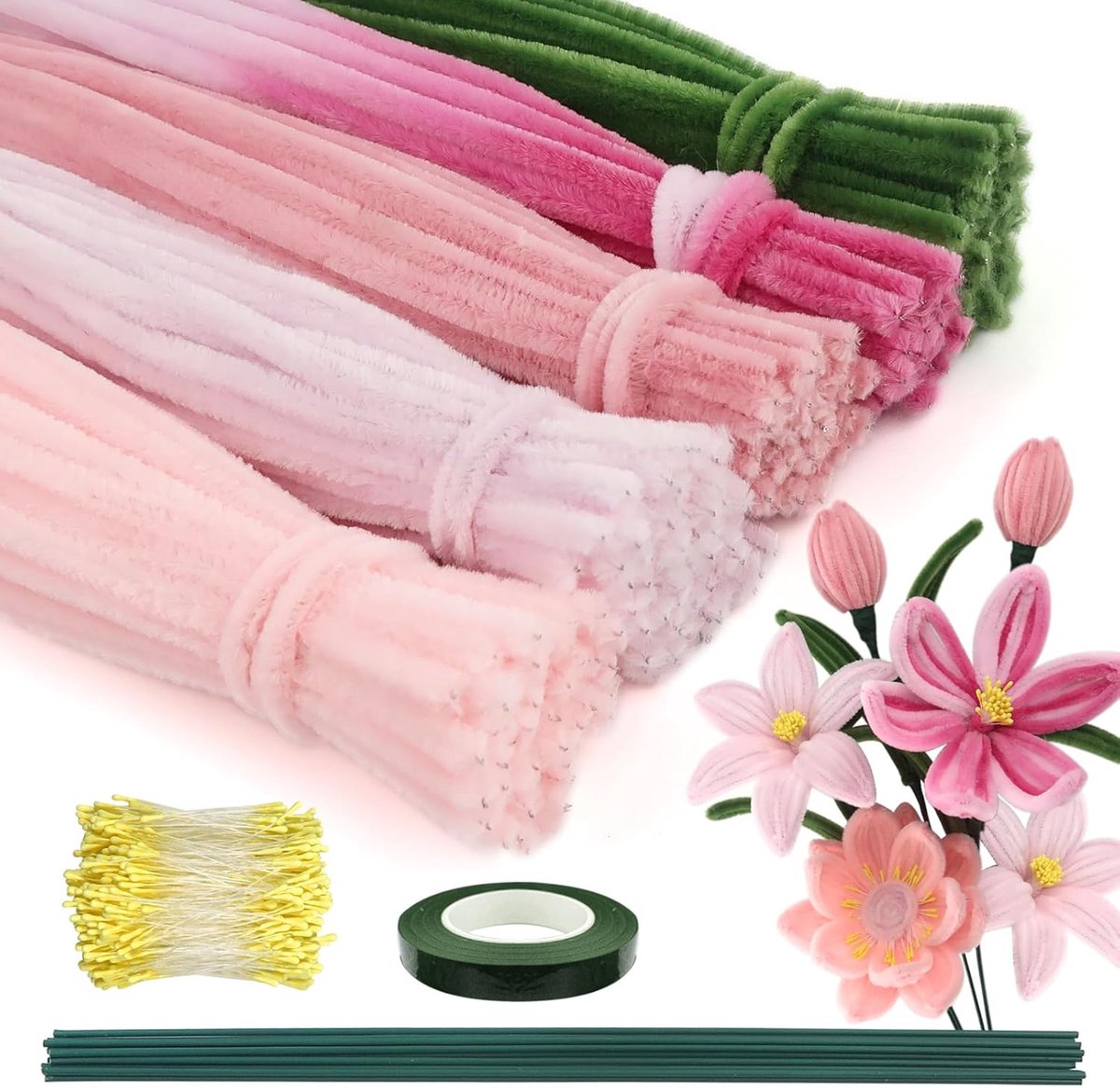 300 stuks chenille-borstels voor kleurrijke knutselwerkjes, set in roze pijpreiniger voor bloemen, doe-het-zelf decoratief handwerk